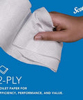 Scott Professional 2-ply white toilet paper being pulled from roll; blue background with Scott logo.