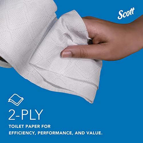 Scott Professional 2-ply white toilet paper being pulled from roll; blue background with Scott logo.