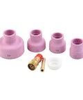 Top Tier 7 Piece Tig Welding Torch Accessory Kit with pink ceramic cups and a gas lens adapter for precise argon flow.