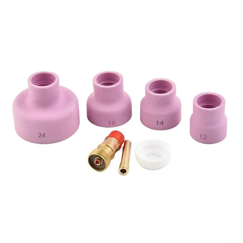 Top Tier 7 Piece Tig Welding Torch Accessory Kit with pink ceramic cups and a gas lens adapter for precise argon flow.
