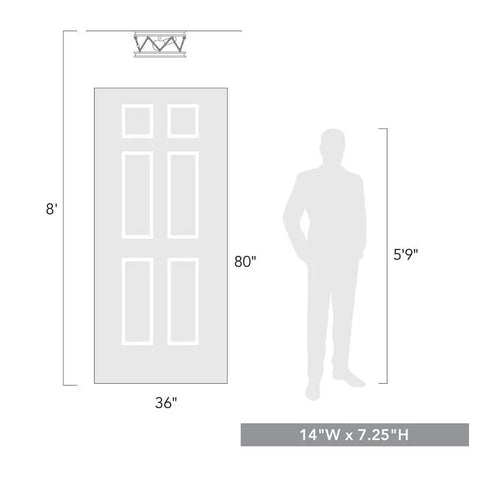 Size comparison of Chatham Flush Mount Ceiling Light in Gray Driftwood Finish with door and person, dimensions 14''W x 7.25''H