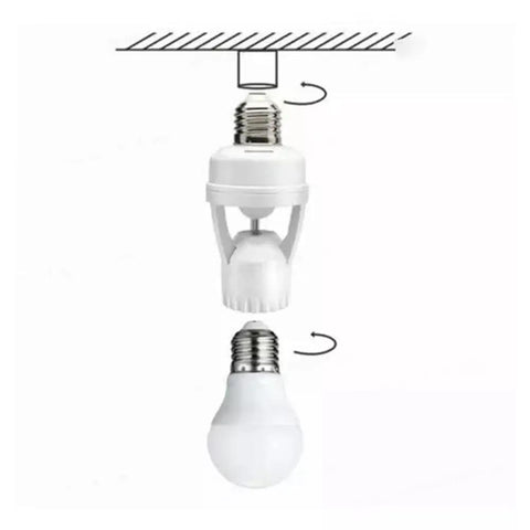 Hands Free Motion Sensor Light Socket E27 With PIR Bulb Holder Adapter 100 To 240 Volt Auto On Off Adjustable 10 To 300 Second Delay White