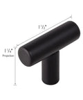 Hella Sleek Matte Black T Pull Cabinet Knobs 1.5 Inch horizontal handle showing dimensions for kitchen cabinets and dressers.
