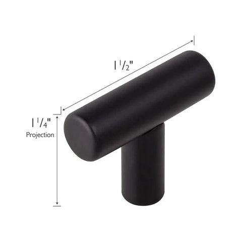 Hella Sleek Matte Black T Pull Cabinet Knobs 1.5 Inch horizontal handle showing dimensions for kitchen cabinets and dressers.