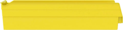 Side view of Heavy Duty Plastic Shelf Bins For Garage, Closet And Drawers, 18 X 6.5 X 4 Inches, Yellow Storage Bins, 12 Pack