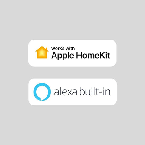 Logos showing compatibility of Indoor WiFi Security Camera With 1080p HD Video, 180 Degree Field Of View with Apple HomeKit and Alexa Built In