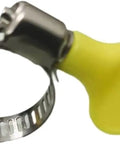 Yellow Stainless Steel Hose Clamps Pack of 14, Adjustable Thumb Screw Key Type, 8mm Band, Fits 16 to 25 mm hoses, close-up view.