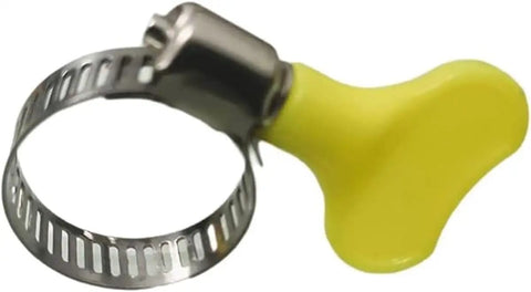 Yellow Stainless Steel Hose Clamps Pack of 14, Adjustable Thumb Screw Key Type, 8mm Band, Fits 16 to 25 mm hoses, close-up view.