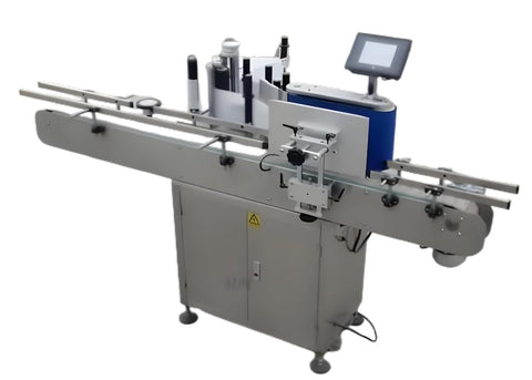 Automatic Labeling Machine High Volume Sticker Applicator For Industrial Packaging Lines with touchscreen and conveyor system.
