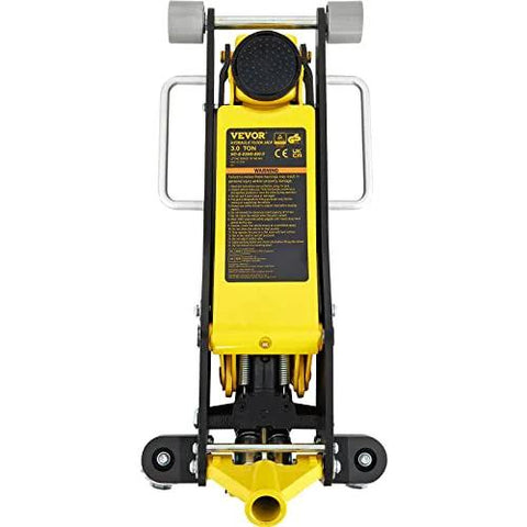 VEVOR 3-ton low-profile racing floor jack, aluminum and steel construction, yellow and black, dual-piston quick-lift.