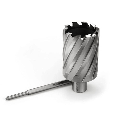 Oscarbide HSS annular cutter, 1-3/4 in cut diameter, 2 in depth, 3/4 in Weldon shank with pilot pin.