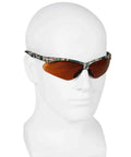 Heavy Duty Sports Safety Glasses Featuring Fresh Camo Frames And Bronze Tint Lenses For Top Shelf Job Site Protection And Hella Comfy Six Pair Value Pack With Solid Impact Resistance, displayed on a mannequin head.