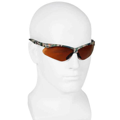 Heavy Duty Sports Safety Glasses Featuring Fresh Camo Frames And Bronze Tint Lenses For Top Shelf Job Site Protection And Hella Comfy Six Pair Value Pack With Solid Impact Resistance, displayed on a mannequin head.