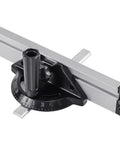 Adjustable Black Aluminum Table Saw Miter Gauge Fence Sled Offering Slick Offset Runs For Razor Sharp Chamfer Cuts And Dead Simple Workpiece Feed On Any Shop Rack, showing the adjustable tilt and mounting track.