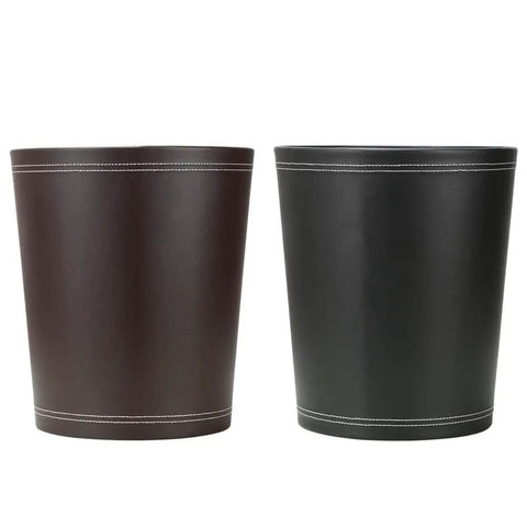 Classic Pu Leather Round Trash Can In Brown For Bathroom Powder Room Kitchen Office And Hotel Use Durable PU Exterior