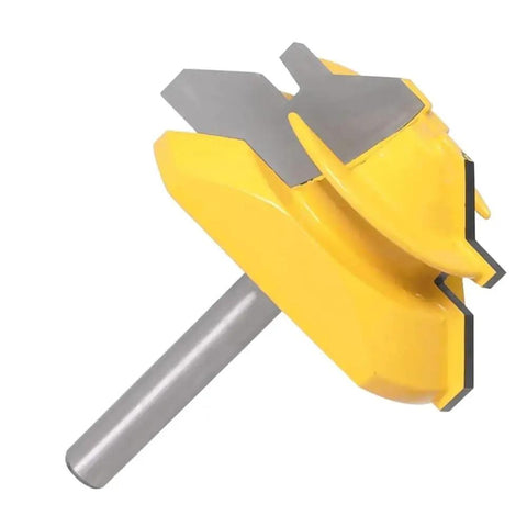 1/4 Inch 6mm Shank Tongue And Groove Router Bit Set With Durable Tungsten Steel Construction And 45 Lock Miter Bit in bright yellow finish.