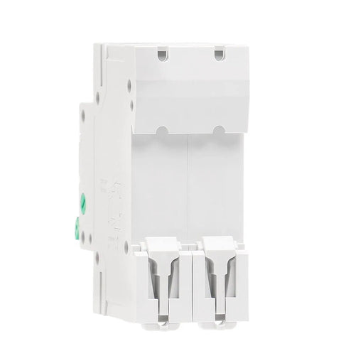 Hard Core Din Rail 2 Pole Main Switch Disconnector Isolator Circuit Breaker 400VAC Double Pole GYH8 Series side view of disconnect switch