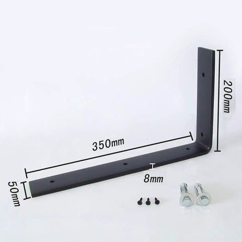 Heavy Duty Wall Mounted Angle Brackets Solid As Rock L Shape Shelf Supports with screws, black steel, 350mm x 200mm size.