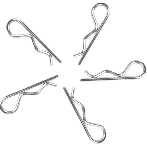 10-Piece R Shaped Spring Cotter Pins Heavy-Duty Zinc Plated Steel Fastener Kit Retaining Wire Hair Pin For Hitch Pins Trailer Tractors Mower Carts Truck Silver M3.5x75mm displayed in a star pattern.