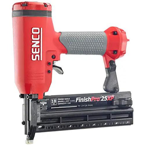 18 Gauge Rock Solid Pneumatic Brad Nailer For No Sweat Trim Work And Cabinet Buildouts Slick Nail Gun with red handle and magazine for 110 pins.