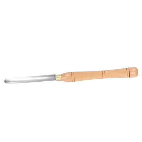 Side view of wood lathe turning chisel with wooden handle and steel blade