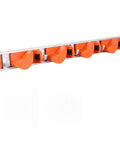 Wall Mounted Broom Holder With Heavy Duty Aluminum Hooks And Sturdy Abs Mounts For Garage Gear Storage and hassle free cleanup station easy install mop organizer shelf rack system with orange hooks.