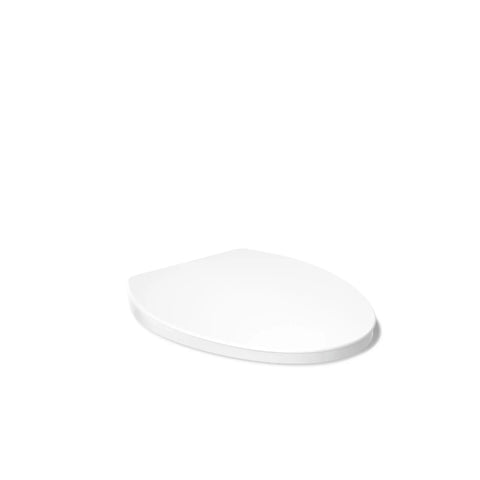No Sweat Quiet Close Elongated Toilet Seat In Crisp White With Grip Tight Bumpers And Slam Prevention Hinges shown from the side