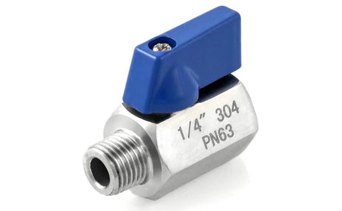 QWORK mini ball valve with blue lever, 1/4" NPT, 304 stainless steel.