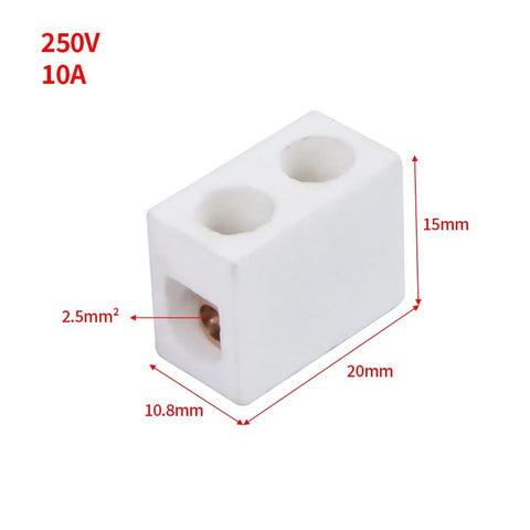 White 1-way ceramic terminal block with 2.5 mm inlet, 250V 10A.