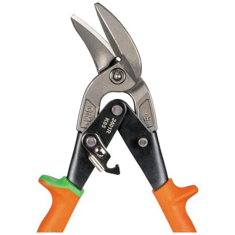 Klein Tools 2401R right-cutting offset aviation tin snips with forged blades and orange handles