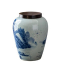 Ceramic Airtight Tea Canister With Heavy Duty Wooden Lid For Loose Leaf Stashing And Coffee Bean Storage Artisan Handpainted Kitchen Jar with blue design