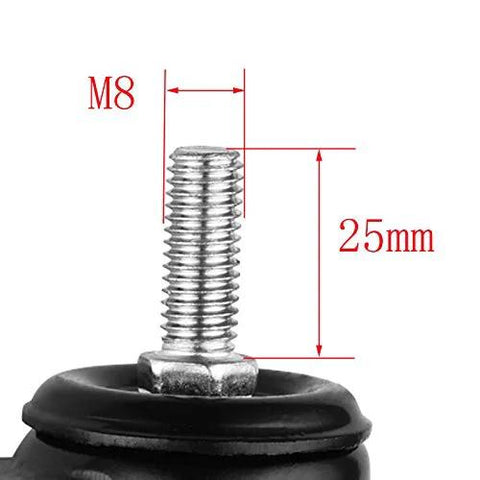 Close-up of M8x25mm bolt on Four M8x25mm PU Rotating Caster Set, Load Bearing 240kg Total Capacity, with TPE soft rubber.