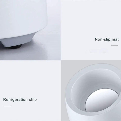 No Fuss Desktop Cup Cooler And Warmer showing non-slip mat and refrigeration chip for stable temperature control.