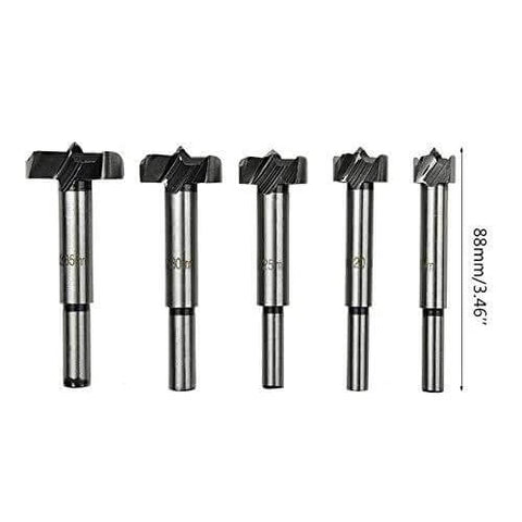 Front view: five-piece steel woodworking drill bit set with sizes 15–35 mm.