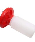 Heavy Duty Automatic Poultry Feeder With Waste Free Base And Clear Sight Jar showing red plastic top with feeding holes and clear jar.