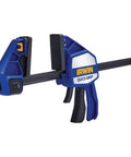 Heavy Duty One Hand Bar Clamp For Woodworking And Shop Fixes With Quick Toggle Spreader Mode and rubber grip for comfort.