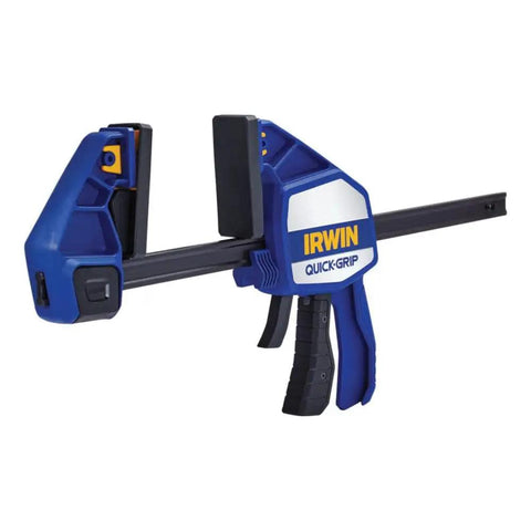 Heavy Duty One Hand Bar Clamp For Woodworking And Shop Fixes With Quick Toggle Spreader Mode and rubber grip for comfort.