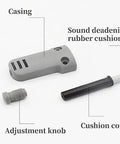 Heavy Duty 66 mm Cabinet Door Damps components: casing, sound deadening rubber cushion, adjustment knob, and cushion core.