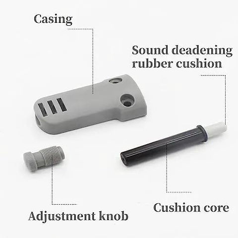 Heavy Duty 66 mm Cabinet Door Damps components: casing, sound deadening rubber cushion, adjustment knob, and cushion core.