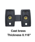 Solid Brass Shutter Bar And Door Latch Matte Black For Shutters And Small Cabinets Seven Eighths Inch By Two And Three Thirty Seconds Inch Includes Mounting Screws One Pack Built Tough Durable And Sturdy Construction Made In Taiwan front view showing matte black finish and two fastening holes.