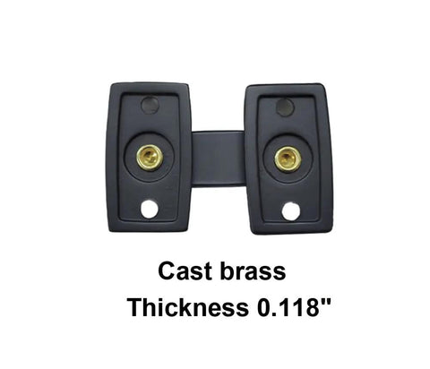 Solid Brass Shutter Bar And Door Latch Matte Black For Shutters And Small Cabinets Seven Eighths Inch By Two And Three Thirty Seconds Inch Includes Mounting Screws One Pack Built Tough Durable And Sturdy Construction Made In Taiwan front view showing matte black finish and two fastening holes.