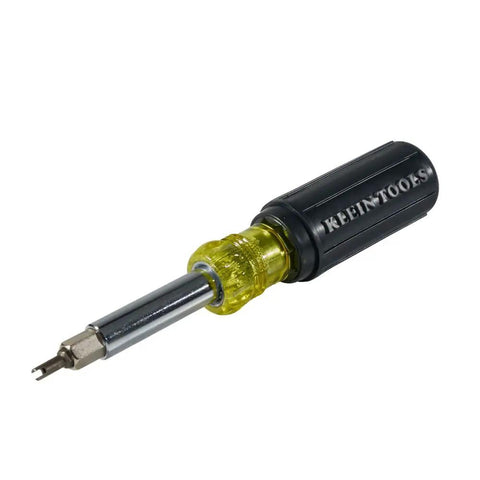 11-In-1 Multi-Bit Screwdriver And Nut Driver For HVAC Pros showing TR-4 Schrader Valve Bit and Core-Extractor in black and yellow handle