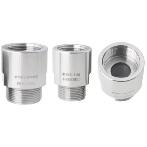 Front view: set of three silver metal threaded adapters for ER collet spindles