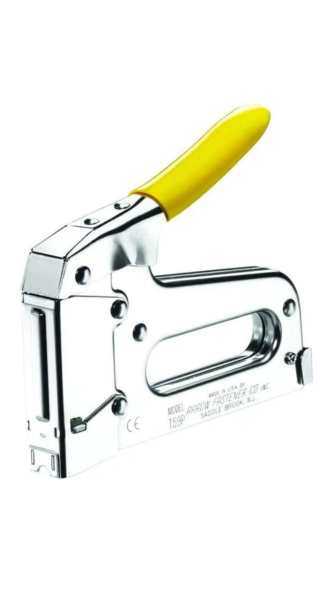 Heavy Duty Staple Gun With Rear Load Magazine for Voice and Data Cables and Wiring, chrome build with yellow handle