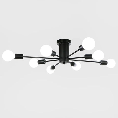 Eight Light Black Sputnik Ceiling Fixture For Kitchen And Dining Rooms, Modern Semi Flush Mount Chandelier, Mid Century Sunburst Style