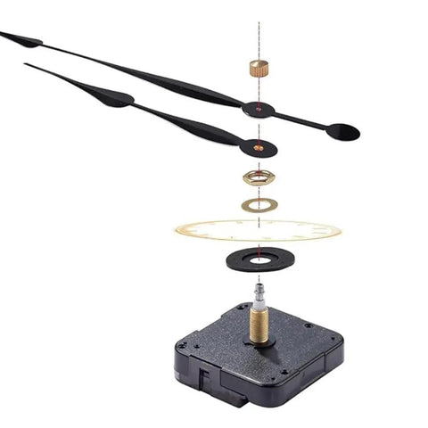 Exploded view of Ten Piece Clock Repair Kit With Nuts, Washers, Rubber Rings And Brass Caps For Silent Movement Clocks.
