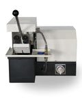 Professional Steel Pipe Cutter And Metallographic Sectioning Machine For Laboratory Precision Cutting Of Hard Alloy Bars And Round Tube Stocks Built For The Daily Grind, front view, with cutting mechanism.