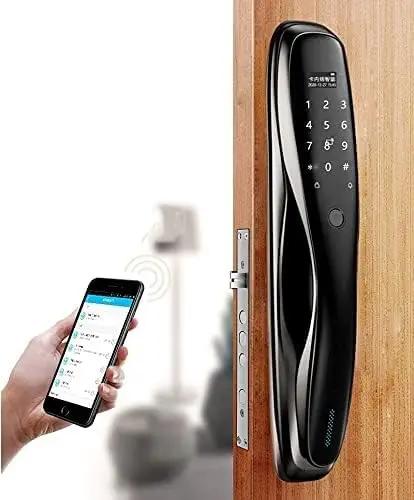 Heavy Duty Smart Door Lock Featuring Biometric Fingerprint Scanner App Control Passcode Entry Built In Theft Alarm And Long Lasting Battery For Dead Simple Home Protection Setup on wooden door with mobile app access.