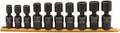 10 Piece Half Inch Drive 6 Point Standard X-Core Pinless Universal Impact Metric Socket Set on holder, showcasing each socket size.