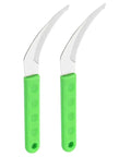 Two green-handled knives from 6 Piece Gardening Scythe Set All In One Hand Tools For Weeding Grass Cutting And Lawn Care